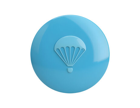 Glossy blue circular button featuring a stylized parachute icon rendered in three dimensions with smooth reflective surfaces and isolated background