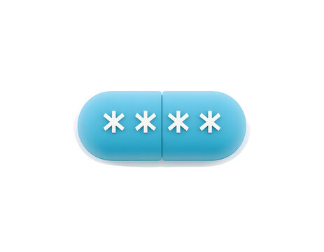 Blue medical pill capsule featuring four white asterisks on its smooth surface isolated against a clean stark white background environment