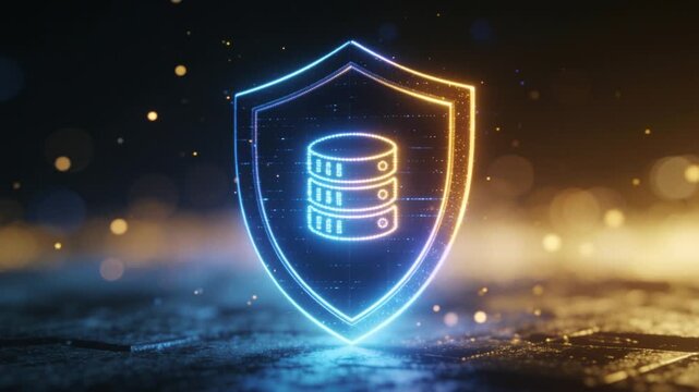 glowing shield with data symbol emanating soft blue and gold light