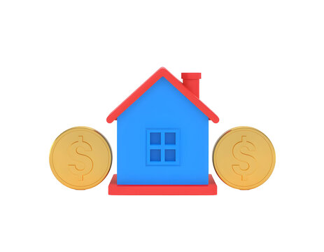 Blue house model featuring a vibrant red roof positioned between two shiny gold dollar coins representing real estate investment concepts