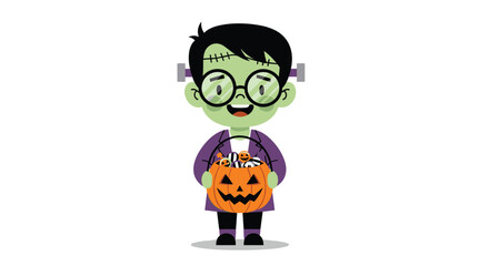 Young boy dressed as Frankenstein for Halloween holding a pumpkin bucket filled with candies and treats for children.