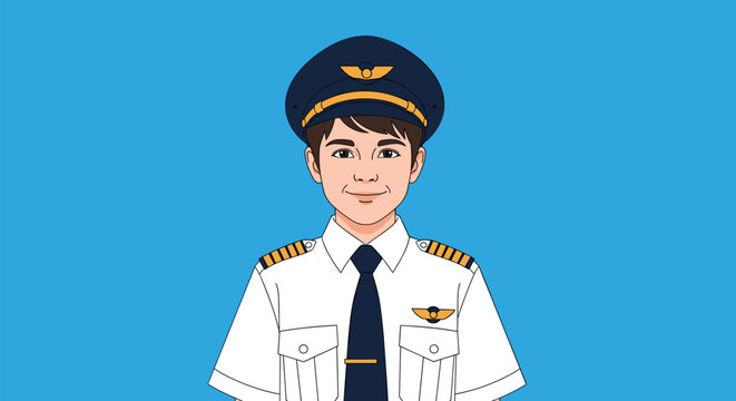 Close up portrait of a young boy dressed as an airline pilot in a white uniform shirt with epaulettes and a captain hat.