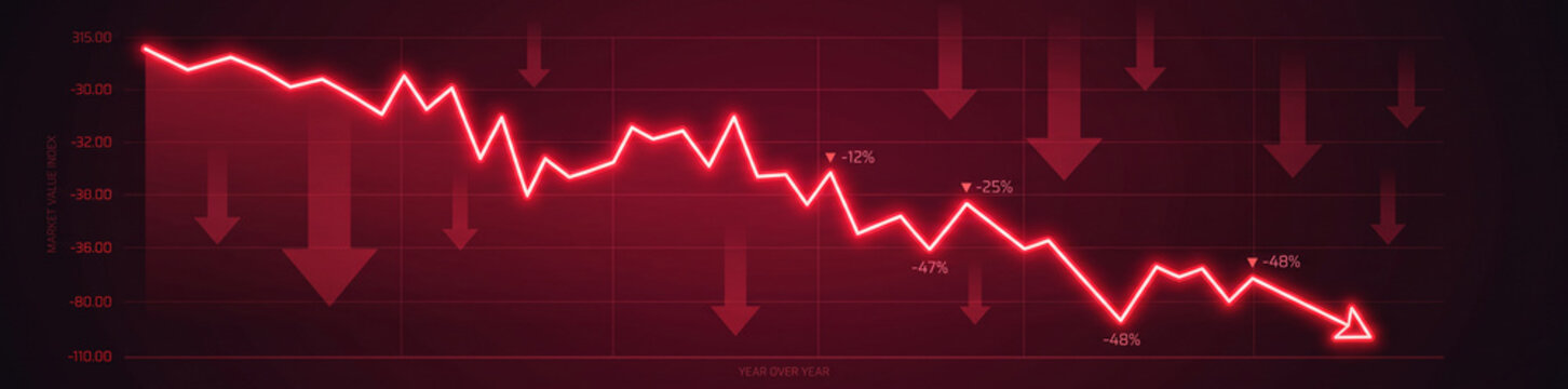Financial stock market crash concept illustration with red downward line chart arrow pointing down and economic loss recession graph banner