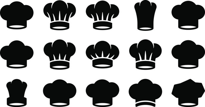 Black chef hat icons, professional cook toque silhouettes, restaurant kitchen apparel symbols, baker headwear design uniform elements