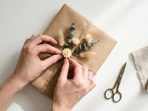 An overhead view shows hands carefully decorating a minimalist parcel with dried eucalyptus sprigs and rustic twine under soft studio lighting.