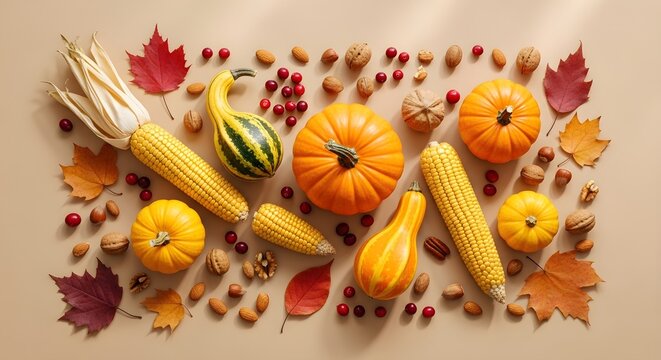 Autumn harvest composition with pumpkins, corn, nuts, and colorful fall leaves on a beige background, flat lay, top view, thanksgiving and harvest festival concept