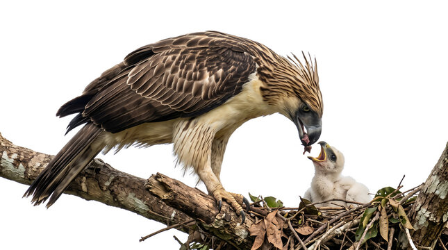 Philippine Eagle parent feeding young chick on nest branch, authentic wildlife behavior, isolated white background