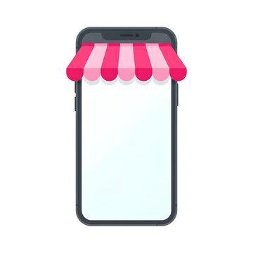 Smartphone with pink striped shop awning top represents mobile commerce business concept in a flat minimalist vector graphic style design