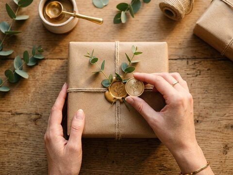 A top-down view of hands carefully applying a gold wax seal to a minimalist gift package decorated with fresh eucalyptus and a ribbon, bathed in warm natural golden hour light.