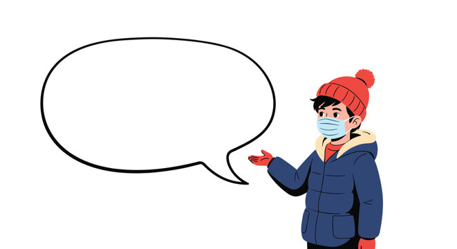 Young boy wearing a blue protective face mask and winter jacket gesturing toward a large blank speech bubble for health messages.
