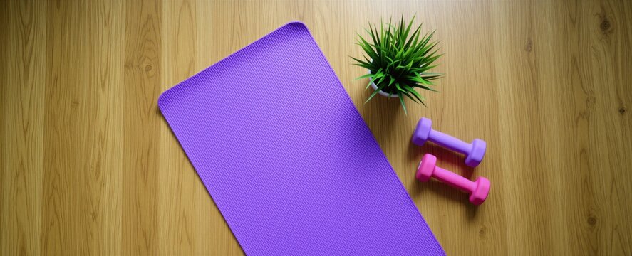 Purple yoga mat and dumbbells lie on wooden floor. Small green plant in pot next to workout equipment. Ready for exercise, stretching or strength training session.