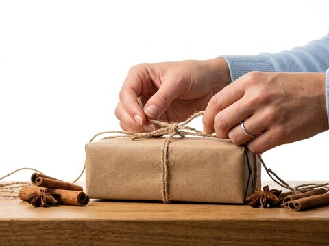 A close-up side view showing hands carefully wrapping a gift in rustic brown kraft paper tied with natural twine, surrounded by aromatic cinnamon sticks and star anise.