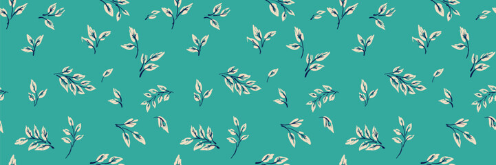 Fototapeta premium Seamless botanical pattern with delicate cream leafy branches on a turquoise background. Fresh modern foliage design ideal for textiles, wallpaper, packaging, and stationery