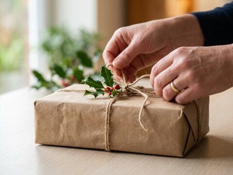 Close-up side view of hands carefully wrapping a holiday present using eco-friendly brown kraft paper, rustic twine, and festive holly berries.