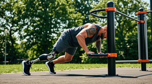 Strong man with prosthetic leg pushups on outdoor fitness equipment in sunny park. Athletic male person trains body at urban gym station to improve strength, health. Active lifestyle of person with