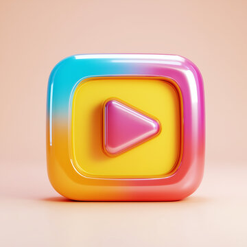 Glossy 3D media player play button icon with vibrant multi color gradient and soft shadows