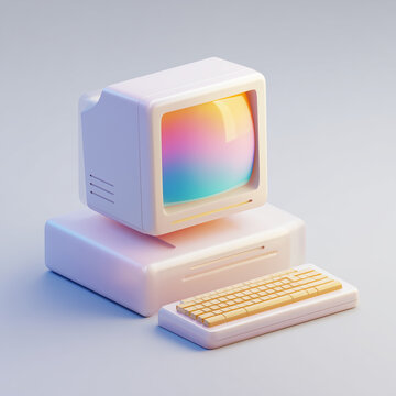 Cute retro 3D computer illustration with vibrant pastel rainbow gradient screen and keyboard
