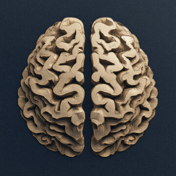 Stylized human brain concept carved from textured cardboard on a dark background
