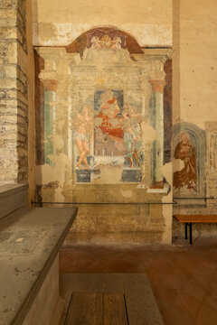 Deteriorating religious fresco painting in a Farneta church, Cortona