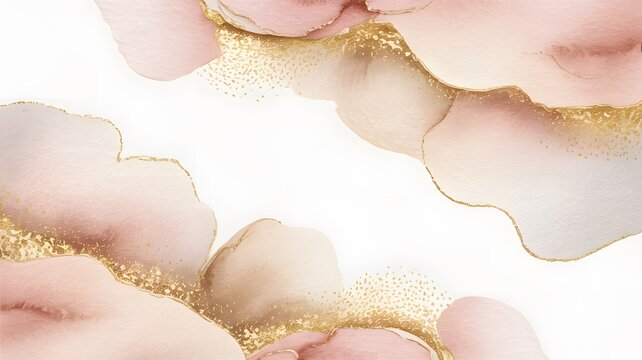 Abstract pink and gold alcohol ink painting with flowing shapes and glitter