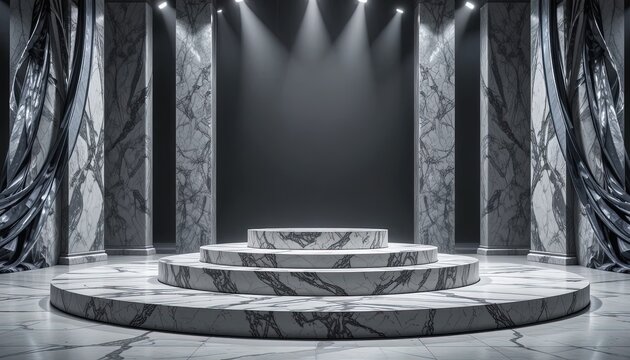 Luxury marble product display podium. Empty stage for premium brand presentation.