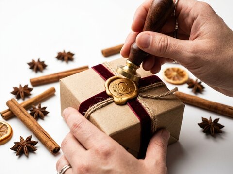 Macro shot of hands applying a gold wax seal to a wrapped gift, accompanied by cinnamon sticks and star anise under soft studio lighting.