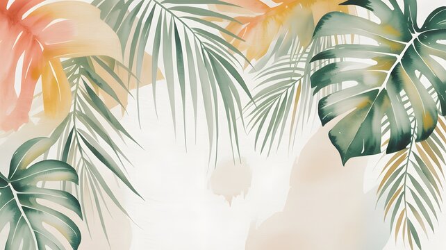Abstract tropical leaves with palm fronds and monstera foliage in soft orange and green colors
