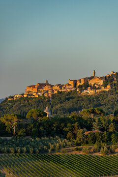 Montepulciano ancient hilltop town overlooking Tuscany vineyards