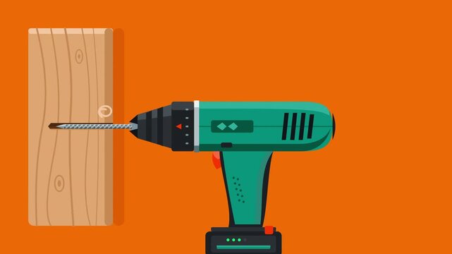 Animated Green Power Drill Screwing Into Wooden Board Against Orange Background
