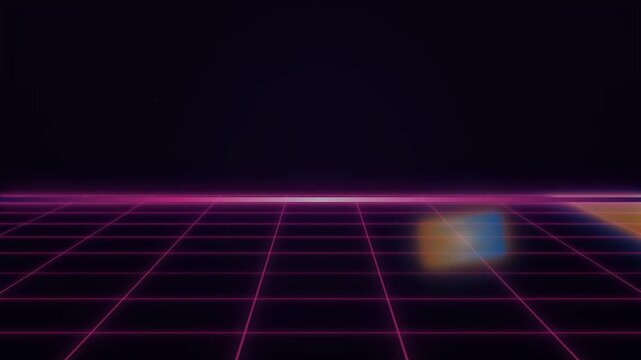 Retro grid landscape with a glowing pink horizon and a blurry object