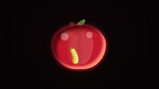 A juicy red apple with a small, yellow worm peeking out from a hole. The apple has a glossy finish and a green stem