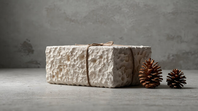 Minimalist premium backdrop template with a textured stone-like paper gift box wrapped with thin rustic twine string on a gray surface.