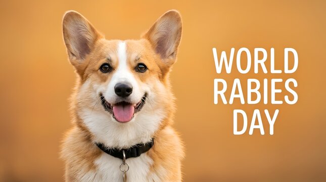 Happy corgi dog celebrating world rabies day with protective vaccination message