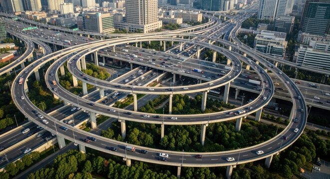 Aerial view of a complex highway interchange. Modern city road junction with heavy traffic.