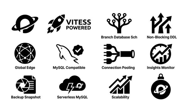 Advanced cloud computing and scalable database management icons.