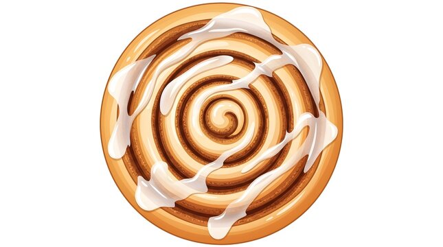 Detailed flat vector of a single cinnamon roll viewed from above, fine spiraling swirl texture detail with visible cinnamon sugar layers, glossy white icing drizzle on top, warm caramel and cream pale