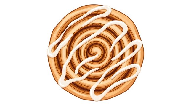 Detailed flat vector of a single cinnamon roll viewed from above, fine spiraling swirl texture detail with visible cinnamon sugar layers, glossy white icing drizzle on top, warm caramel and cream pale