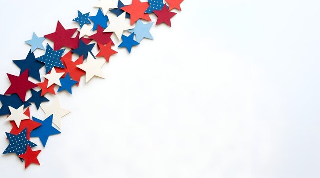 Red white and blue star shaped confetti background with confetti, patriotic