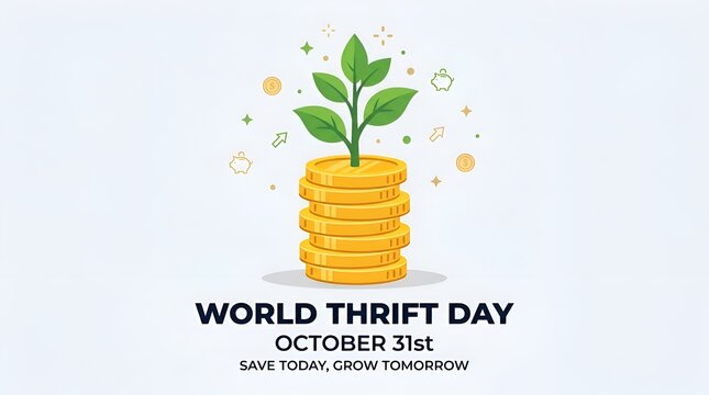 World thrift day financial concept with growing plant on stacked coins, business