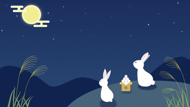 十五夜の満月とうさぎと月見団子の夜景アニメーション動画素材