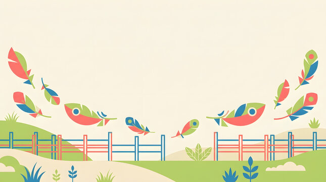 Decorative Folk Art Birds with Feathers and Rural Landscape Border Vector Background