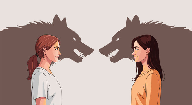 Conceptual illustration of two women smiling facing each other with aggressive wolf shadows on neutral background in side view