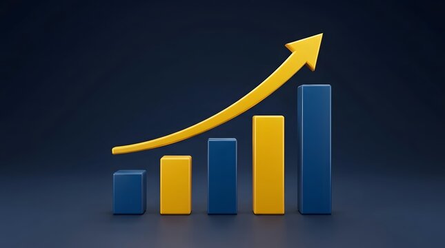 A three dimensional bar chart featuring alternating blue and yellow columns with a rising golden arrow indicating growth