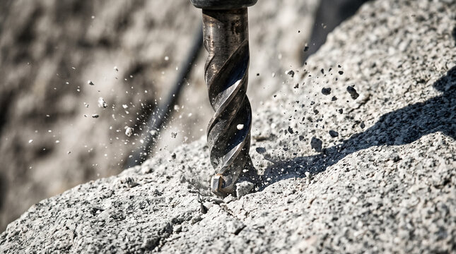 Close-up of drill bit boring into concrete rock, scattering debris