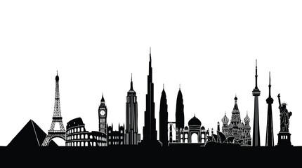 Fototapeta premium Modern city skyline silhouette at dusk. Iconic urban landscape vector illustration with skyscrapers and sunset glow.
