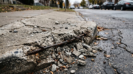 Obraz premium Cracked concrete curb and weathered asphalt street with cars on roadside