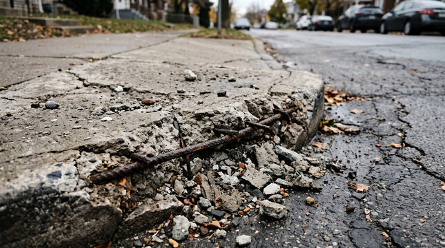 Cracked concrete curb and weathered asphalt street with cars on roadside