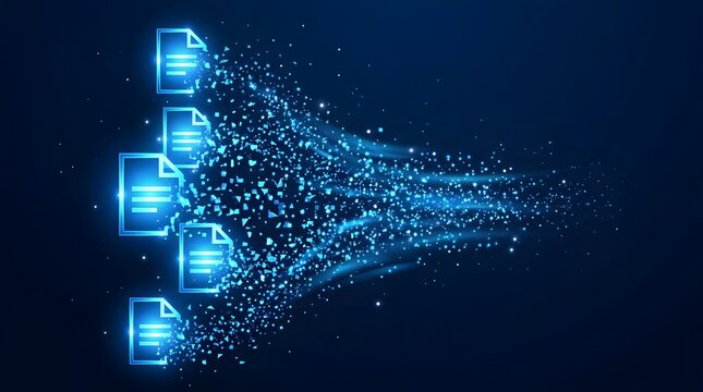 Abstract digital representation of document files being processed and converted into streams of glowing blue particles and data