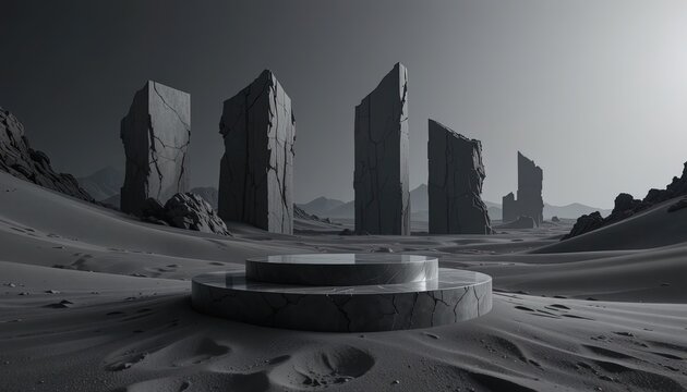 Surreal desert landscape with stone monoliths. Abstract sci-fi ruins in a sandy wasteland.