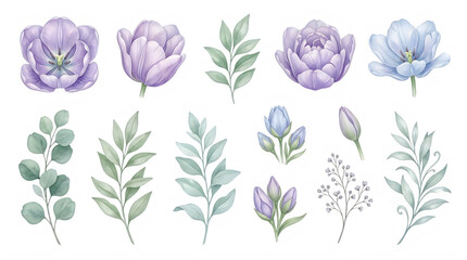 Fototapeta premium Watercolor floral bouquet illustration set. Hand-drawn purple peony flowers and green leaves vector design.